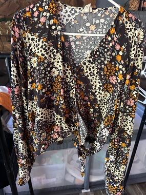 White Crow Black Floral & Leopard Tie-Front Blouse with Pink & Mustard Accents